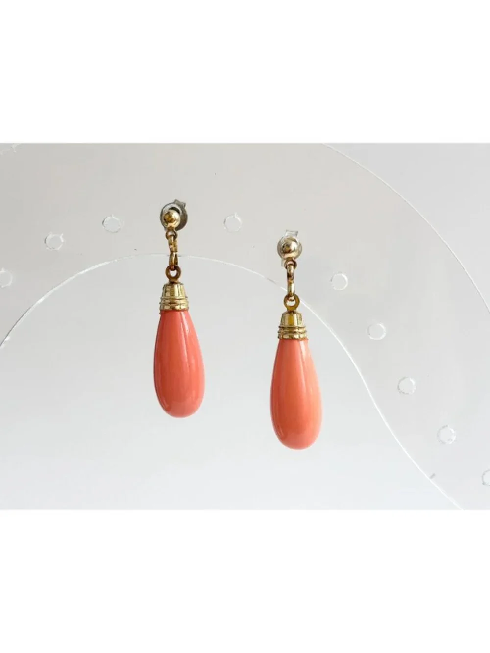 Art Deco Style Faux Coral Gold T Teardrop Vintage Sterling Silver 925 Earrings